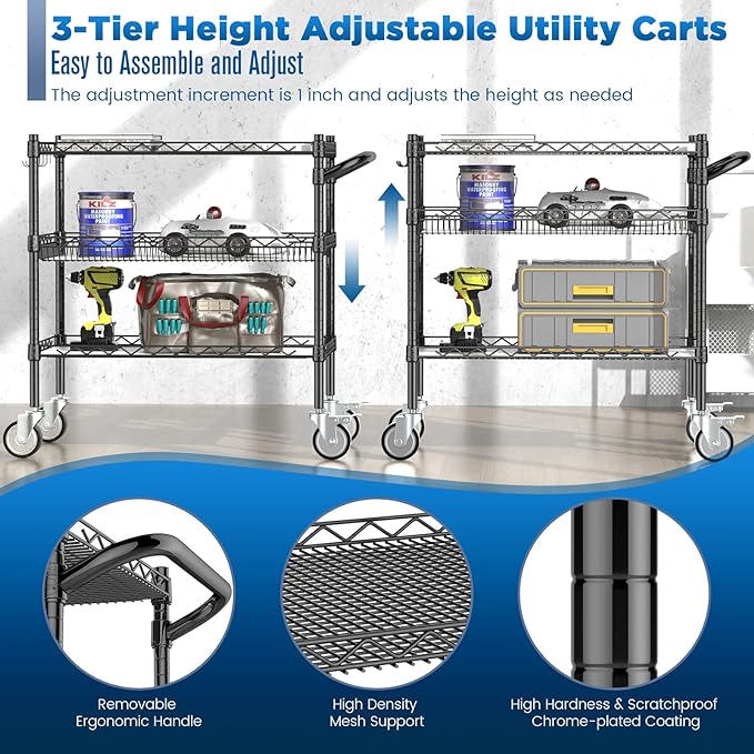 3 Tier Rolling Carts with Wheels,990Lbs Heavy Duty Rolling Utility Cart,NSF Commercial Grade Metal Cart with Handle&Shelf Liner,Trolley Serving Cart for Kitchen,Restaurant,Plant Display,Black - LeafyLoom