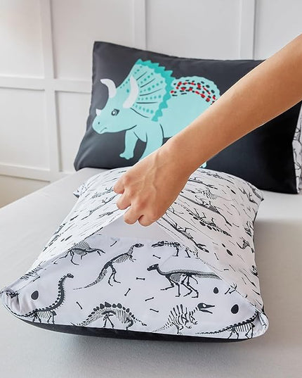 RYNGHIPY Dinosaur Bedding Set Queen Size Dinosaur Kids Comforter Set for Boys Girls Soft Breathable Cute Dinosaur Bed Set for All Season (Black,Queen) - LeafyLoom