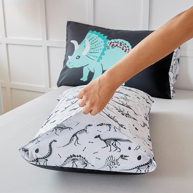 RYNGHIPY Dinosaur Bedding Set Queen Size Dinosaur Kids Comforter Set for Boys Girls Soft Breathable Cute Dinosaur Bed Set for All Season (Black,Queen) - LeafyLoom
