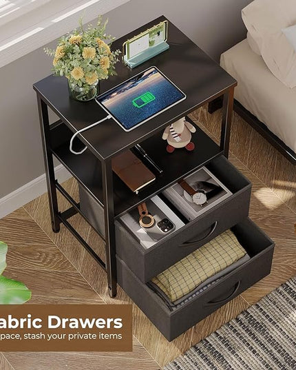 Seventable Nightstand with Charging Station, Bedside table with LED Lights, Night stand with 2 Fabric Drawers, 3-Tier Storage End Table for Bedroom, Black - LeafyLoom