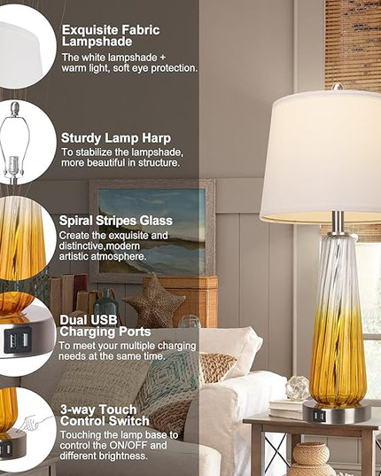 Table Lamps Set of 2 with Touch Control, 3-Way Dimmable Modern Glass Bedside Lamps with 2 USB Ports, Nightstand Lamp with White Fabric Shade, 27.5" Large Lamps for Living Room Bedrooms Decorations - LeafyLoom