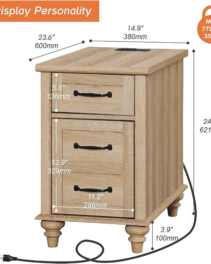 WAMPAT End Table with Charging Station, Wood Side Table with Drawer and Storage Cabinet, Modern End Table with Power outlets USB Ports for Living Room Bedroom, Oak - LeafyLoom