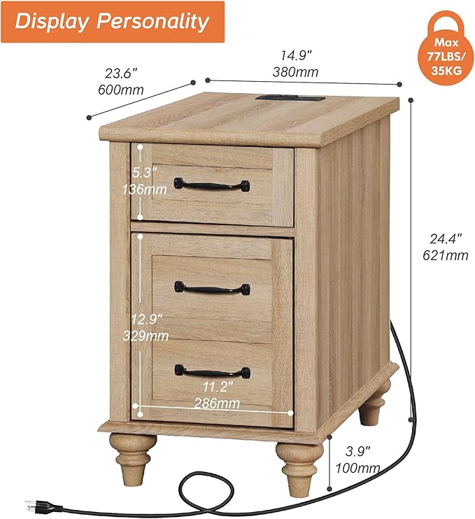 WAMPAT End Table with Charging Station, Wood Side Table with Drawer and Storage Cabinet, Modern End Table with Power outlets USB Ports for Living Room Bedroom, Oak - LeafyLoom