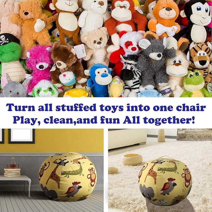 Stuffed Animal Storage Bean Bag Chairs Toy Storage Organizer Bean Bags Chair Cover for Kids 24" Cotton Canvas Beanbag with Zipper for Organizing Kid's and Adults Room, Animal pattern - LeafyLoom