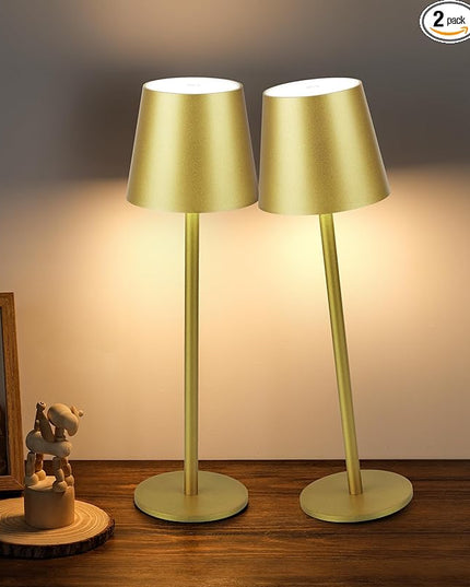 2Pack Cordless Table Lamp, 5200mAh IP54 Waterproof Rechargeable Battery Desk Lamp, 3 Color Stepless Dimming Up，Battery Operated Lamp for Kitchen/Outdoor/Restaurant/Camping (Champagne) - LeafyLoom