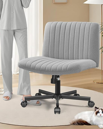 Armless Office Chair with Wheels, Ergonomic Wide Seat Fabric Cross Legged Desk Chair, Swivel Computer Chair for Home Office, Modern Vanity Chair Light Gray - LeafyLoom