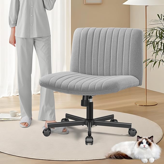 Armless Office Chair with Wheels, Ergonomic Wide Seat Fabric Cross Legged Desk Chair, Swivel Computer Chair for Home Office, Modern Vanity Chair Light Gray - LeafyLoom