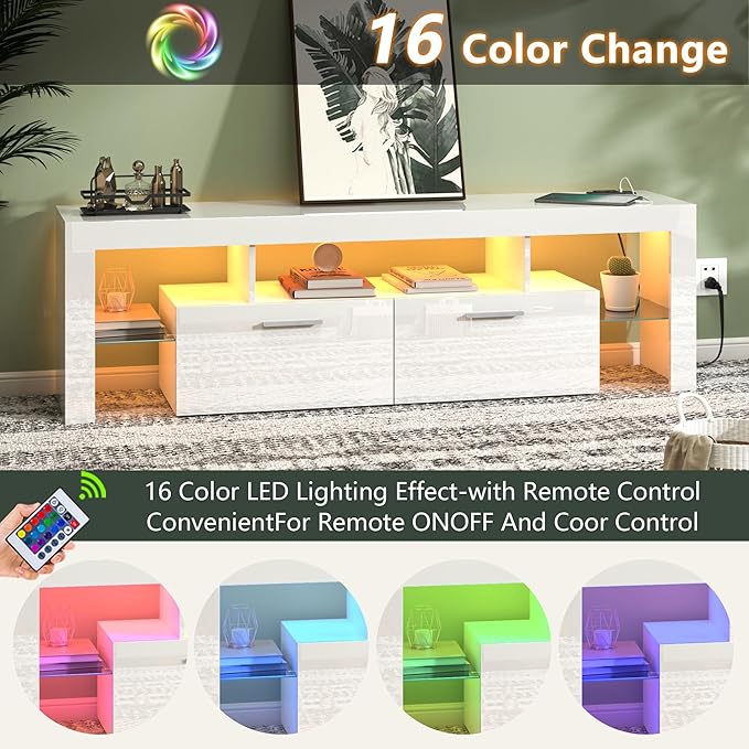 Clikuutory Modern LED White 67 inch TV Stand with Power Outlet and Large Storage for 40 50 55 60 65 70 75 Inch TVs, Wood TV Console with High Glossy Entertainment Center for Living Room, Bedroom - LeafyLoom