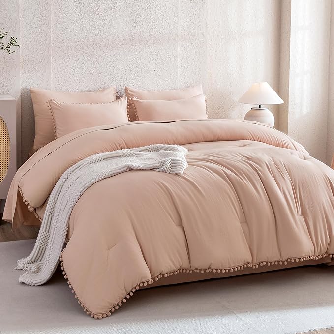 Litanika Comforter Full Size Set Pink,3 Pieces Blush Boho Pom Pom Lightweight Bed Comforter Full,All Season Solid Color Bedding Comforter Sets for Girls (1 Comforter 79x90 Inch, 2 Pillowcases) - LeafyLoom