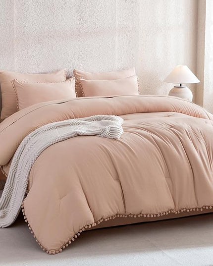 Litanika Queen Size Comforter Set Pink,3 Pieces Blush Boho Pom Pom Lightweight Bed Comforter, All Season Soft Solid Color Bedding Comforter Sets for Girls (1 Comforter 90x90 Inch, 2 Pillowcases) - LeafyLoom