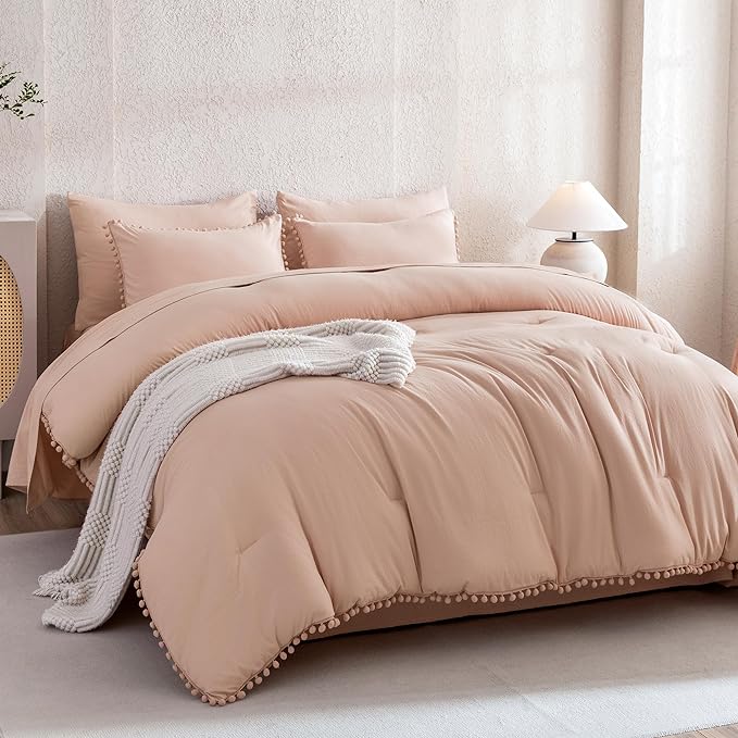 Litanika Queen Size Comforter Set Pink,3 Pieces Blush Boho Pom Pom Lightweight Bed Comforter, All Season Soft Solid Color Bedding Comforter Sets for Girls (1 Comforter 90x90 Inch, 2 Pillowcases) - LeafyLoom