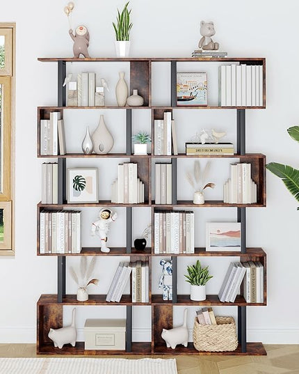 Yusong Geometric Bookcase, S Shaped Bookshelf 6-Tier Book Shelves for Bedroom, Modern Wood Decorative Display Shelf Tall Book Case for Home Office, Bown and Black - LeafyLoom