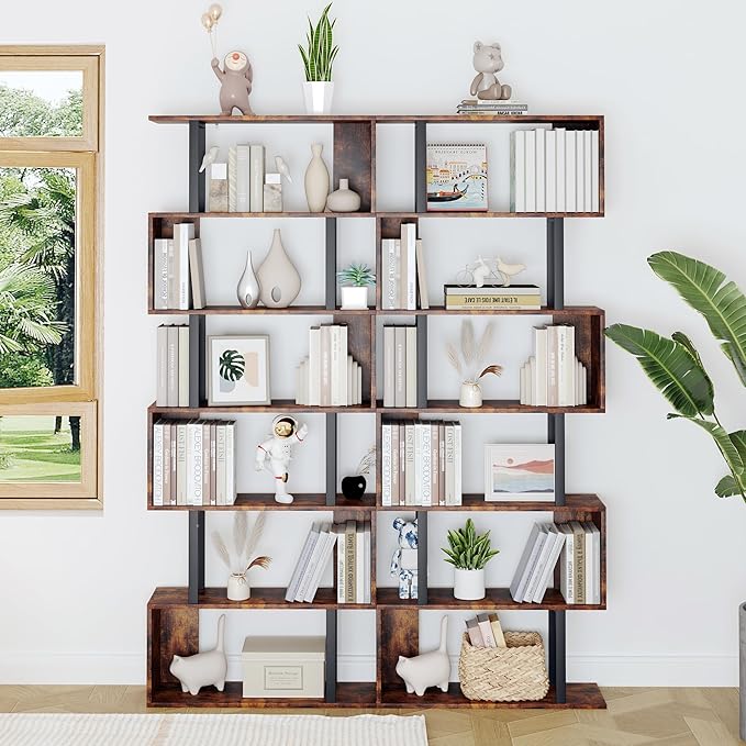 Yusong Geometric Bookcase, S Shaped Bookshelf 6-Tier Book Shelves for Bedroom, Modern Wood Decorative Display Shelf Tall Book Case for Home Office, Bown and Black - LeafyLoom