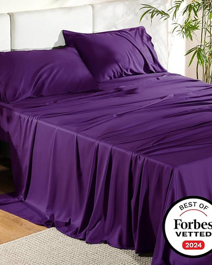 Bedsure California King Sheet Sets, Cooling Sheets, Rayon Derived from Bamboo, Deep Pocket Up to 16", Breathable & Soft Bed Sheets, Hotel Luxury Silky Bedding Sheets & Pillowcases, Plum - LeafyLoom