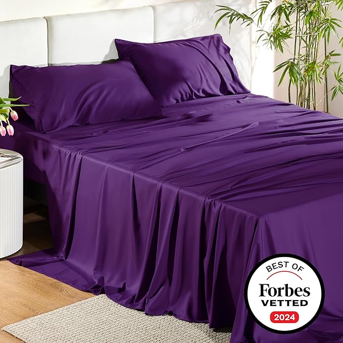 Bedsure California King Sheet Sets, Cooling Sheets, Rayon Derived from Bamboo, Deep Pocket Up to 16", Breathable & Soft Bed Sheets, Hotel Luxury Silky Bedding Sheets & Pillowcases, Plum - LeafyLoom