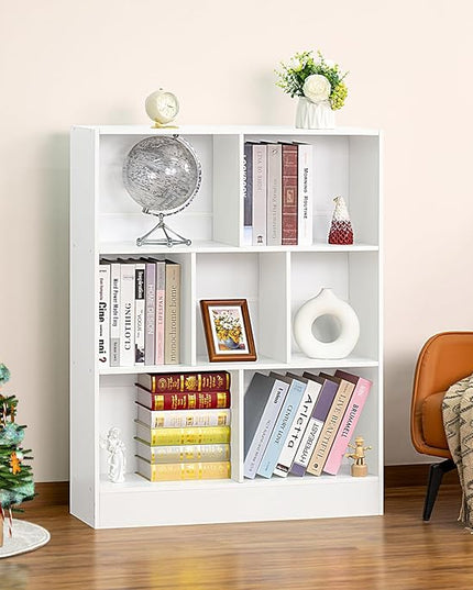 YAHARBO White 7 Cube Bookshelf,3 Tier Modern Horizontal Bookcase,Wooden Low Book Shelf Display Storage Cabinet with Base,Floor Standing Short Bookshelves Open Organizer for Bedroom,Living Room,Office - LeafyLoom