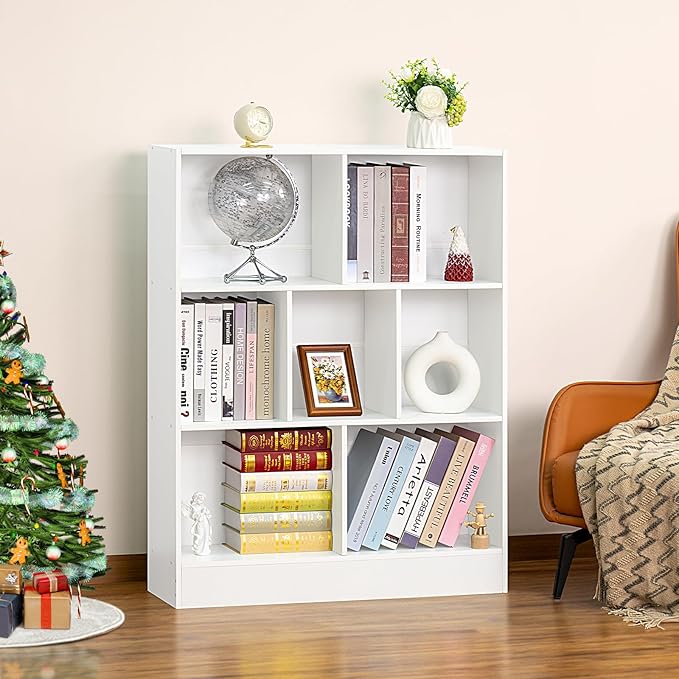 YAHARBO White 7 Cube Bookshelf,3 Tier Modern Horizontal Bookcase,Wooden Low Book Shelf Display Storage Cabinet with Base,Floor Standing Short Bookshelves Open Organizer for Bedroom,Living Room,Office - LeafyLoom