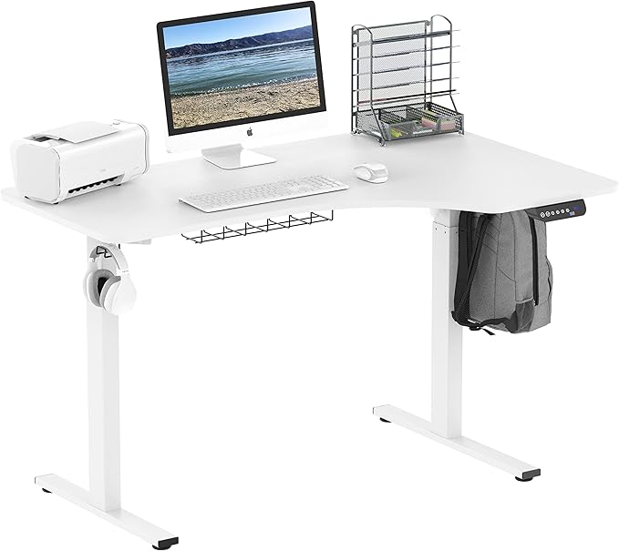 SHW 55-Inch L-Shaped Electric Height Adjustable L-Shaped Standing Desk with Right Facing Corner, White - LeafyLoom