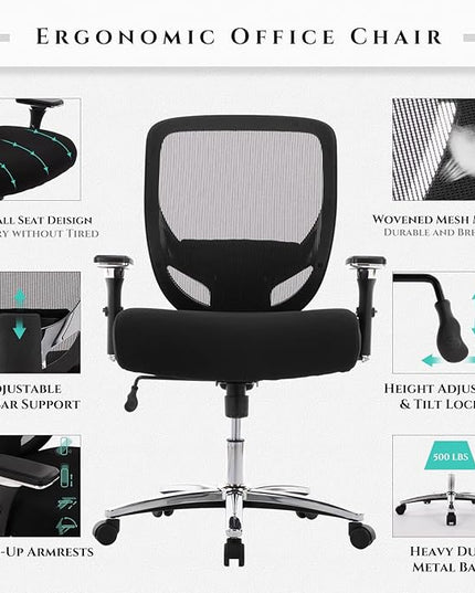 COLAMY Big and Tall Office Chair 500lbs, Heavy Duty Ergonomic Mesh Chair, Computer Executive Desk Chair with Wide Thick Seat, 4D Armrests, Adjustable Lumbar Support and Tilt-Black - LeafyLoom