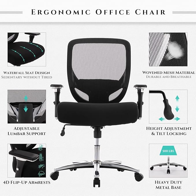 COLAMY Big and Tall Office Chair 500lbs, Heavy Duty Ergonomic Mesh Chair, Computer Executive Desk Chair with Wide Thick Seat, 4D Armrests, Adjustable Lumbar Support and Tilt-Black - LeafyLoom