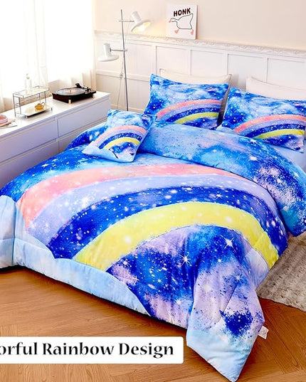 6Pcs Rainbow Bluey Girls Comforter Set Twin Gradient Glitter Bedding Sets Tie Dye Blue Girl Bed Set Soft Galaxy Kids Bed in A Bag with Sheets for All Season - LeafyLoom