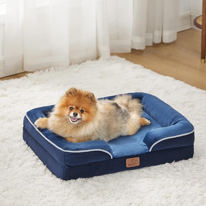 Bedsure Small Orthopedic Dog Bed - Washable Bolster Dog Sofa Beds for Small Dogs, Supportive Foam Pet Couch Bed with Removable Washable Cover, Waterproof Lining and Nonskid Bottom Couch, Navy Blue BEDSURE