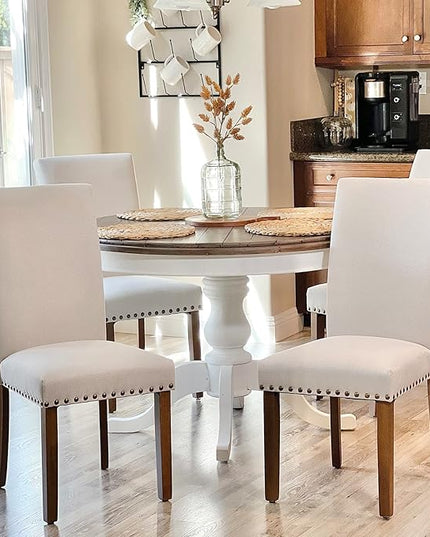 COLAMY Upholstered Parsons Dining Chairs Set of 4, Fabric Dining Room Kitchen Side Chair with Nailhead Trim and Wood Legs - Beige - LeafyLoom