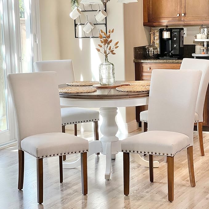 COLAMY Upholstered Parsons Dining Chairs Set of 4, Fabric Dining Room Kitchen Side Chair with Nailhead Trim and Wood Legs - Beige - LeafyLoom