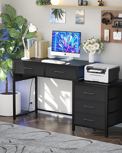 Computer Desk with 5 Drawers, Reversible Office Desk with Power Outlets and USB Charging Ports, Sturdy Writing Table with File Cabinet and Printer Stand, Laptop Desk for Small Spaces, Black - LeafyLoom