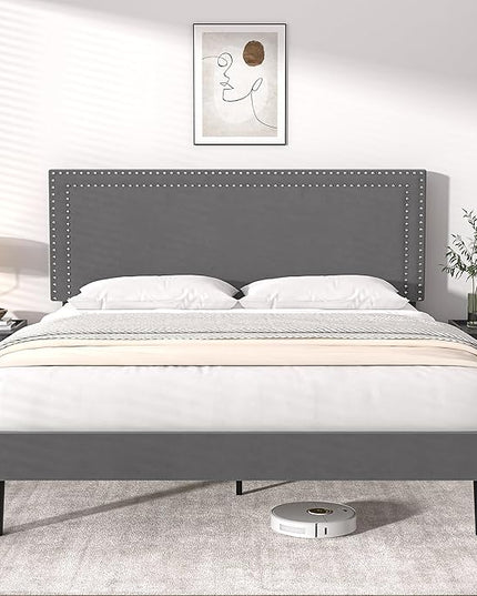 VECELO Full Size Platform Bed Frame with Height Adjustable Upholstered Headboard, Modern Mattress Foundation,Strong Wood Slat Support, No Box Spring Needed, Easy Assembly - LeafyLoom