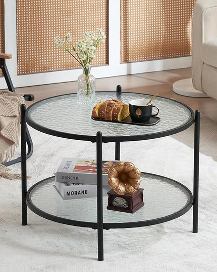 VINGLI 25.6" Small Matte Black Round Coffee Table Water-wave Glass Circle Clear Coffee Table, Center Table with 2-Tier Modern Storage Design for Living Room, Bedroom, Meeting Room, Balcony, Patio - LeafyLoom
