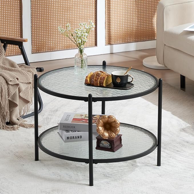 VINGLI 25.6" Small Matte Black Round Coffee Table Water-wave Glass Circle Clear Coffee Table, Center Table with 2-Tier Modern Storage Design for Living Room, Bedroom, Meeting Room, Balcony, Patio - LeafyLoom