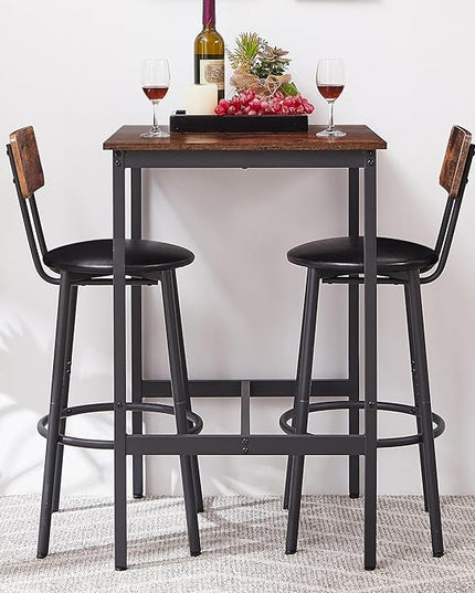 Dining Table Set for 2, Sqaure Bar Table and Chairs Set with PU Soft Seat and Backrest, Kitchen Table and Chairs for Small Spaces, Kitchen and Bar, Rustic Brown - LeafyLoom