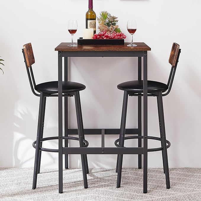 Dining Table Set for 2, Sqaure Bar Table and Chairs Set with PU Soft Seat and Backrest, Kitchen Table and Chairs for Small Spaces, Kitchen and Bar, Rustic Brown - LeafyLoom
