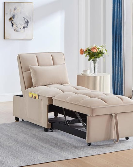 4 in 1 Convertible Sleeper Chair Bed-25" Recliner Pull Out Sofa Bed, Small Futon Couch, Lazy Single Armchair for Temperory Sleeping Gaming Office Napping, Chaise Lounge Sofa for Living Room Bedroom - LeafyLoom
