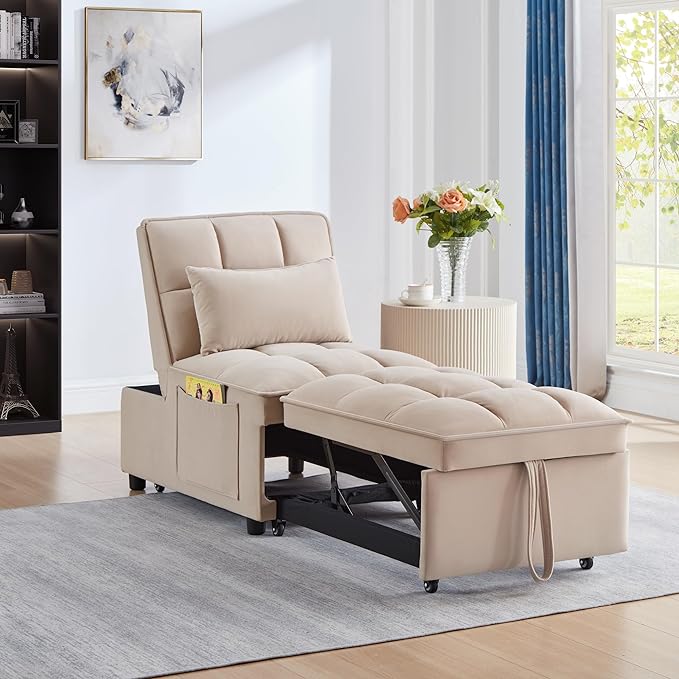 4 in 1 Convertible Sleeper Chair Bed-25" Recliner Pull Out Sofa Bed, Small Futon Couch, Lazy Single Armchair for Temperory Sleeping Gaming Office Napping, Chaise Lounge Sofa for Living Room Bedroom - LeafyLoom