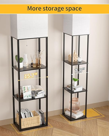 Dott Arts Floor Lamp with Shelves, Wide Floor Lamps for Living Room Display Shelf Lamps with 3 Color LED Bulb,Storage Wood Modern Floor Lamp for Bedroom Standing Lamp for Living Room Office（Black） - LeafyLoom