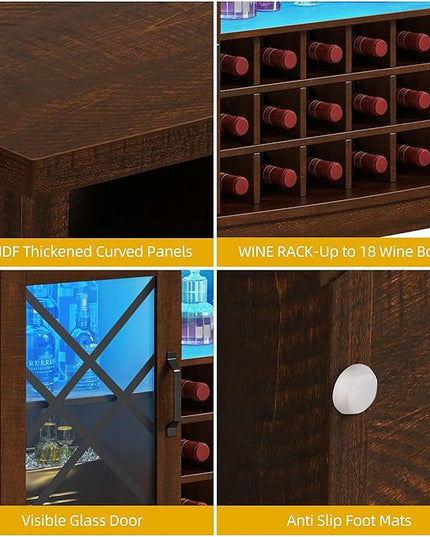 DWVO Wine Bar Cabinet with LED Light, 58'' Large Wine Cabinet w/Storage, Tempered Glass Doors, Adjustable Shelf, 32'' Tall Coffee Bar for Living Room, Dining Room, Rustic Brown - LeafyLoom