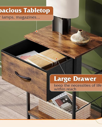 WLIVE Nightstand, Bedside Side Table for Bedroom, Dorm with Steel Frame, Night Stand End Table with Fabric Storage Drawer, Easy Assembly, Rustic Brown Wood Grain Print, 11.8''D 15.8''W 24.9" H - LeafyLoom