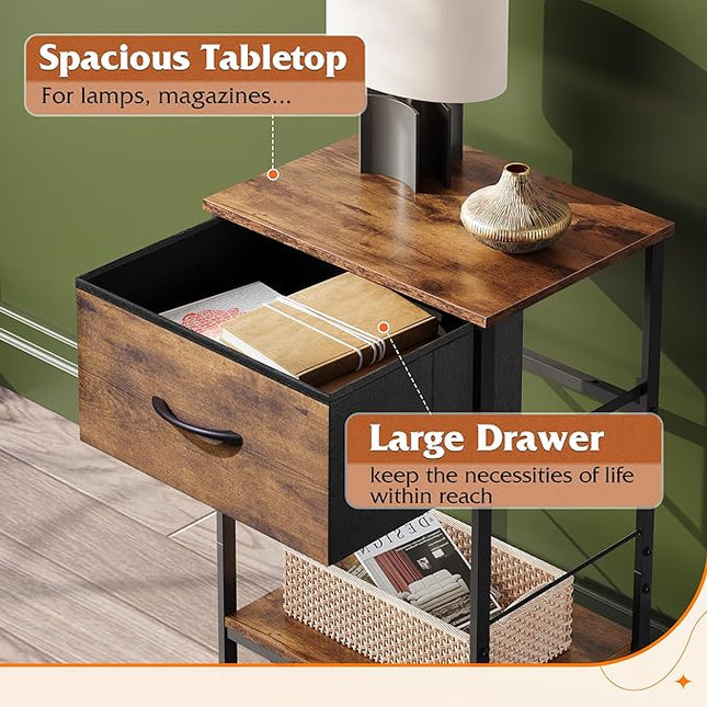 WLIVE Nightstand Set of 2, End Table with Fabric Storage Drawer and Open Wood Shelf, Bedside Furniture with Steel Frame, Side Table for Bedroom, Dorm, Rustic Brown Wood Grain Print, 24.9" Height - LeafyLoom