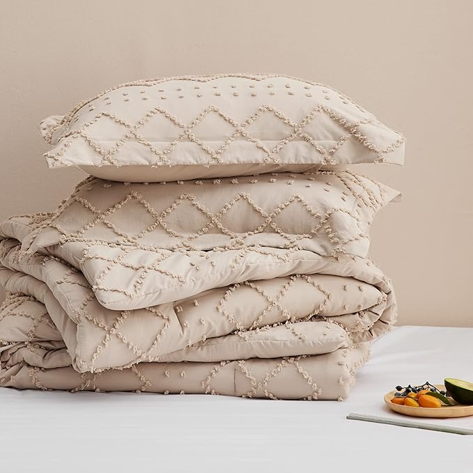 Bedsure California King Comforter Set - Warm Tan Boho Tufted Shabby Chic Bedding Comforter Set, 3 Pieces Vintage Farmhouse Bed Set for All Seasons, Fluffy Soft Bedding Set with 2 Pillow Shams - LeafyLoom