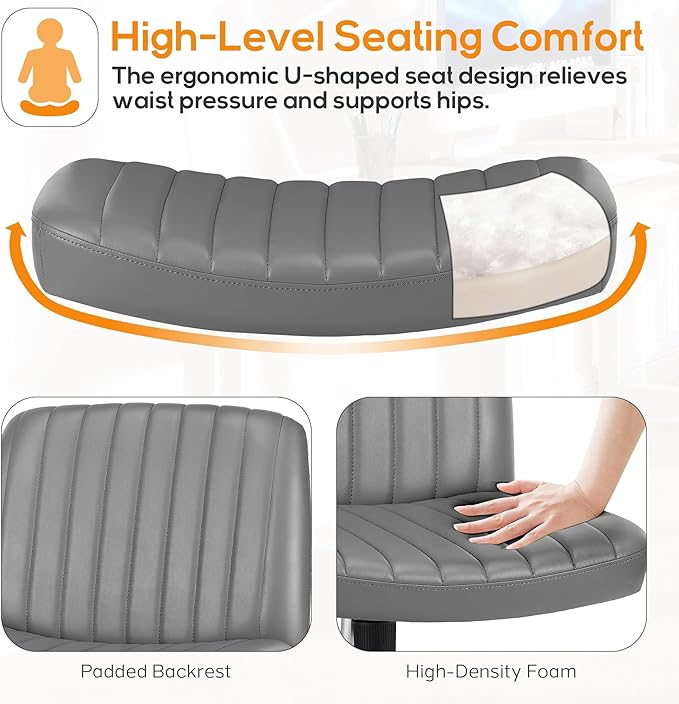 Criss Cross Chair, Cross Legged Office Chair, Wide Comfty Desk Chair, No Wheels Armless Computer Task Chair, Swivel Vanity Home Chair, Height Adjustable - LeafyLoom