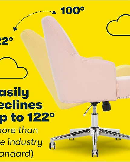 Serta Leighton Modern Office Chair, Stylish Mid-Back Desk Chair, Rivet Detail, Serta Quality Memory Foam, Armchair with Wheels, Vanity Chair, Swivel Chrome Metal Base, Twill Fabric, Blush Pink - LeafyLoom