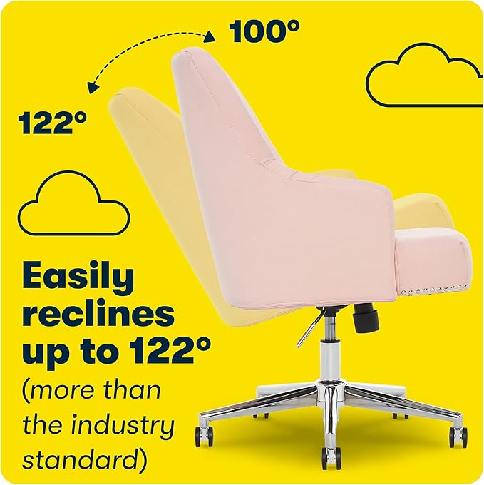 Serta Leighton Modern Office Chair, Stylish Mid-Back Desk Chair, Rivet Detail, Serta Quality Memory Foam, Armchair with Wheels, Vanity Chair, Swivel Chrome Metal Base, Twill Fabric, Blush Pink - LeafyLoom