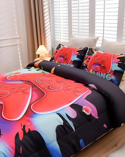 Aimuan Gaming Comforter Sets for Boys Kids Bedding Sets Video Games Console Action Buttons Novelty Colorful Game Gamepad Controller Modern Gamer Room Decor Home Quilt Set (Twin, Black) - LeafyLoom