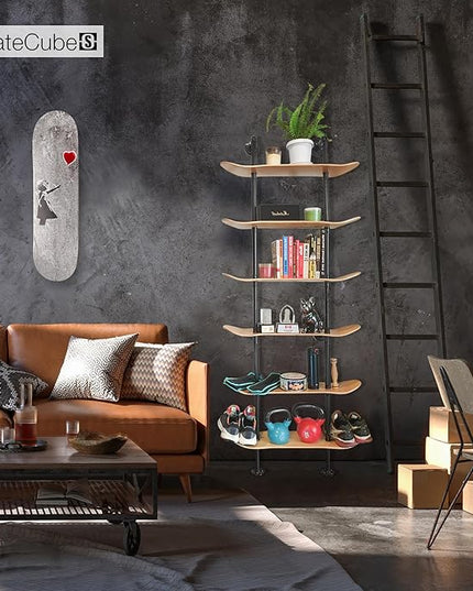 Industrial Shelves - 6 Tier Industrial Decor Pipe Bookcase Using 7 Ply Skateboard Decks - Natural Wood Stain Finish - Bathroom Wall Decor, Living Room Furniture, Book Shelf for Skateboard Enthusiasts - LeafyLoom