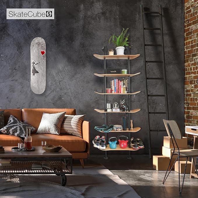 Industrial Shelves - 6 Tier Industrial Decor Pipe Bookcase Using 7 Ply Skateboard Decks - Natural Wood Stain Finish - Bathroom Wall Decor, Living Room Furniture, Book Shelf for Skateboard Enthusiasts - LeafyLoom