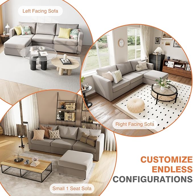 Sweetcrispy Convertible Modular Sectional Sofa, 4 Seat Sectional Couches for Living Room, L-Shaped Modern Fabric Modular Sofa Sleeper with Double Chaise for Home, Apartment, Dorm, Grey - LeafyLoom