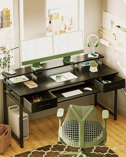 ODK Computer Desk Study Table, 63 Inch Office Desk with Drawers and Keyboard Tray, Study Desk Work Desk with Monitor Shelf, Writing Desk with Storage for Home Office, Black - LeafyLoom