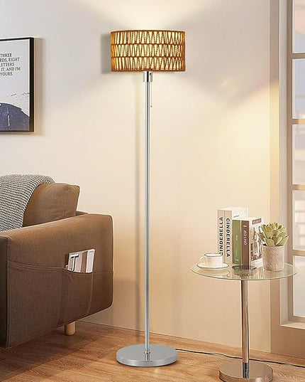 Rattan Floor Lamp for Living Room, Boho Standing Lamp with 3 Color Temperatures, Farmhouse Floor Lamp Wicker Lamp Double Shades, Bohemian Floor Lamps for Bedroom, Office(Chrome) - LeafyLoom